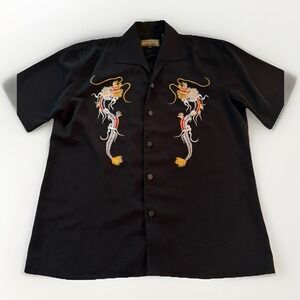 Men's Dragonfly Button Up Shirt Medium Black Embroidered Dragon Asian